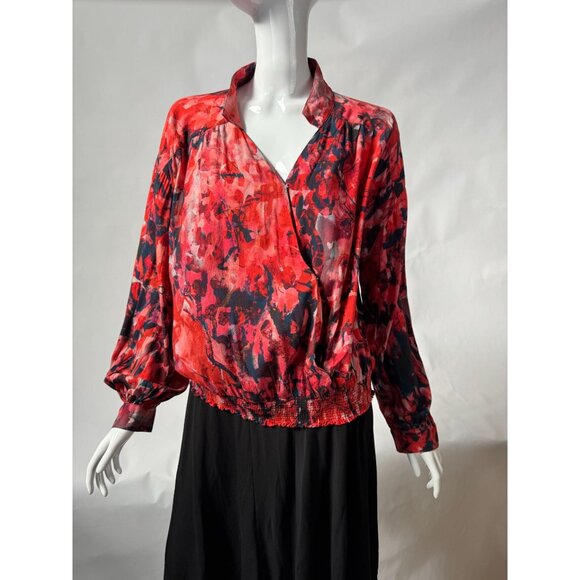 Soft Surroundings Womens Red Floral Blouse With Elastic Hem & Button Cuffs Size - Picture 15 of 16